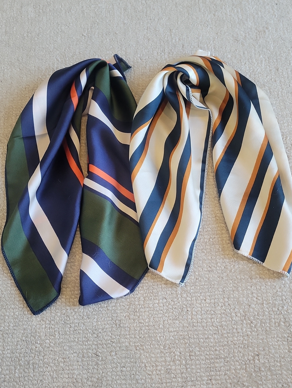 Set Of 2 Striped Silk-Feel Neckerchief Scarf - Navy, Green & Cream